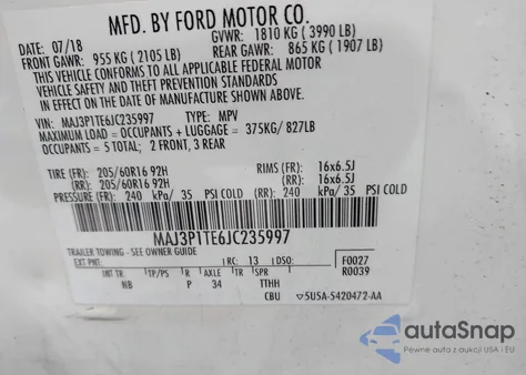 2018 Ford Ecosport Se from USA, damaged, VIN MAJ3P1TE6JC235997